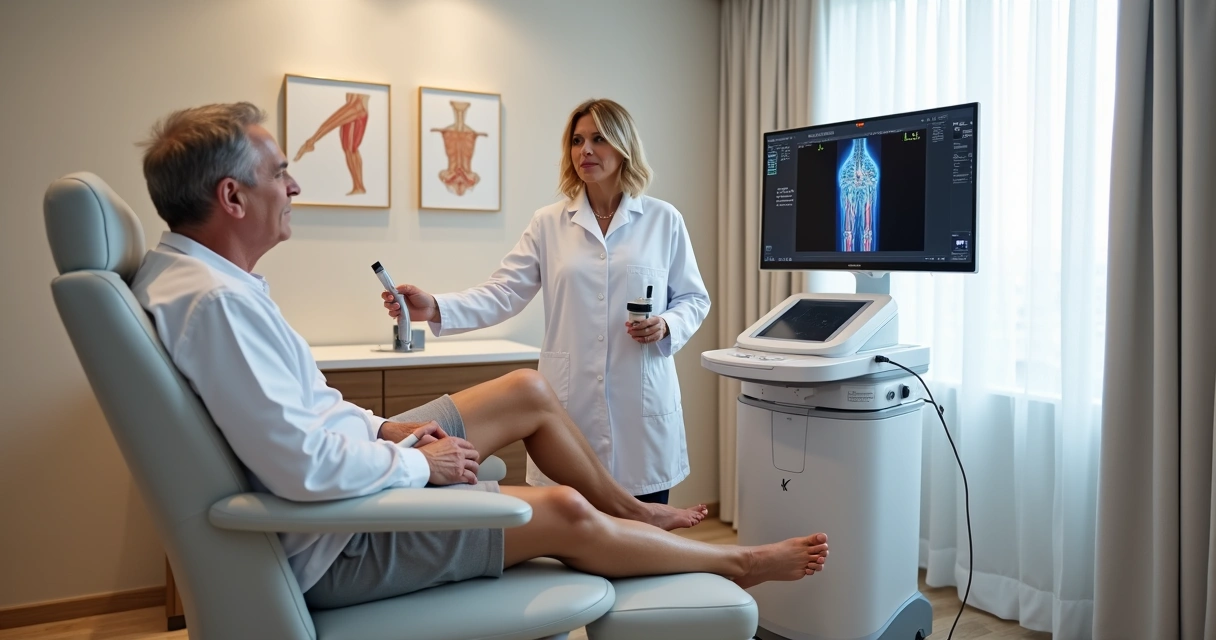Médico vascular analisando veias das pernas de paciente em clínica moderna 