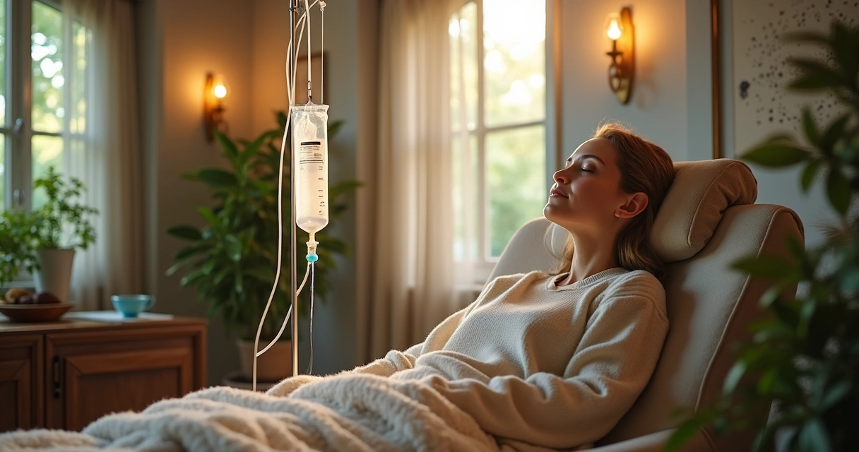 Paciente sentado recebendo terapia intravenosa em ambiente confortável de clínica de bem-estar