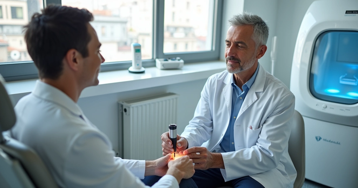 Dermatologista avaliando manchas de vitiligo no braço de paciente em clínica moderna 