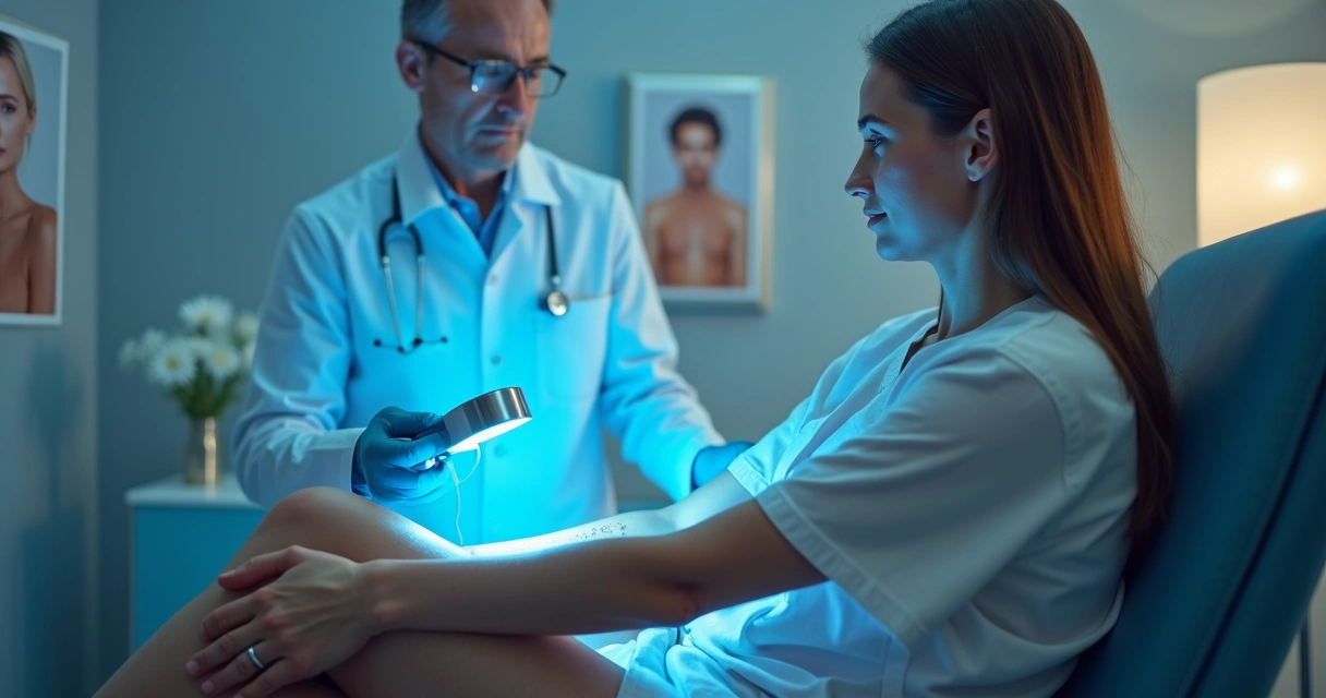 Paciente recebendo tratamento de fototerapia para vitiligo 