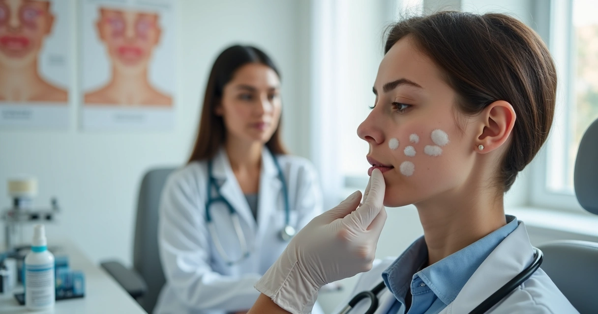Dermatologista aplicando creme em mancha de vitiligo no rosto de paciente em consultório 