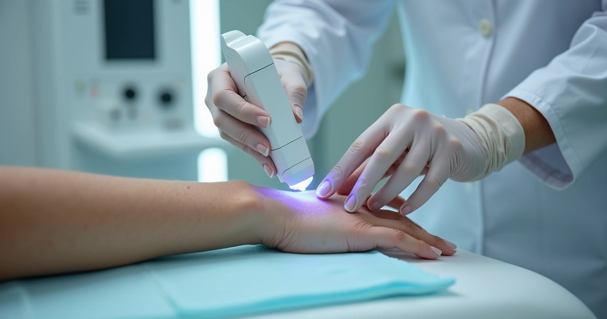 Dermatologista aplicando luz excimer 308 nm em mancha de vitiligo na mão de paciente 