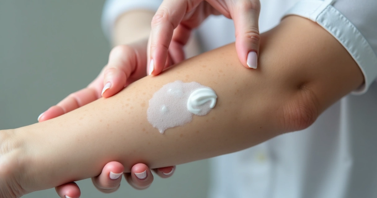 Mãos aplicando pomada em mancha de vitiligo na pele do braço 