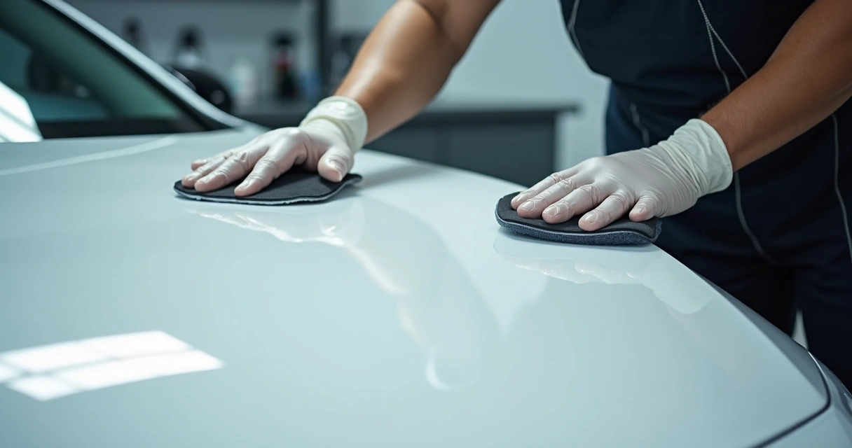 Técnico aplicando vitrificação no capô de um carro branco 