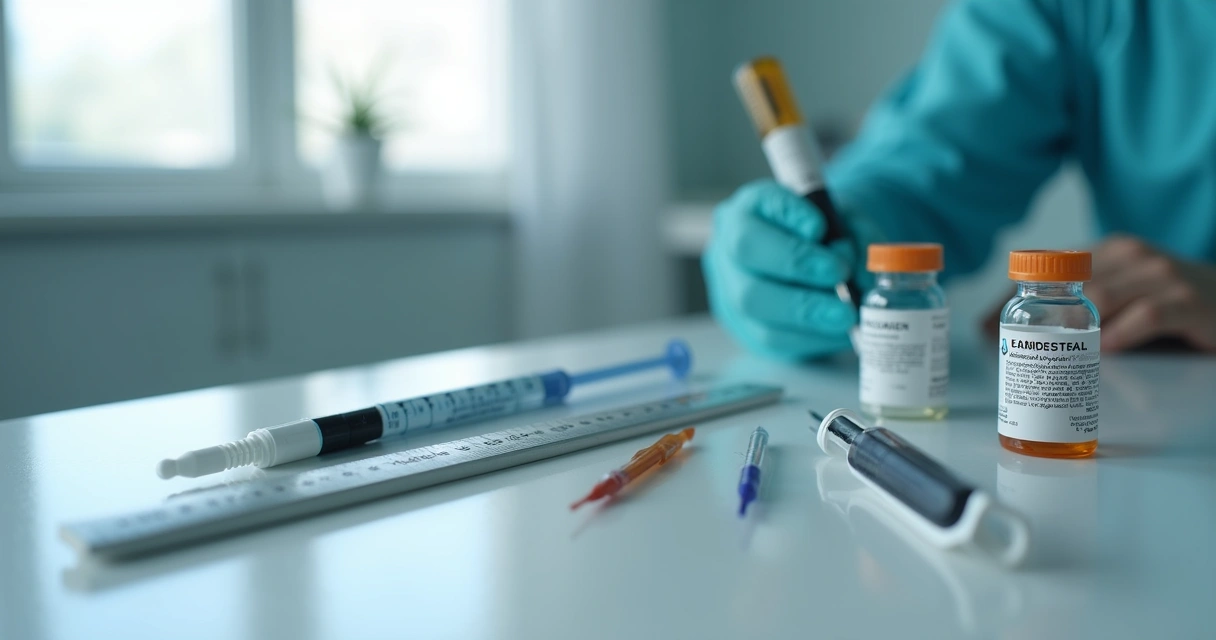 Instrumentos médicos e frascos com hormônios sobre mesa de exame clínico, foco nos detalhes