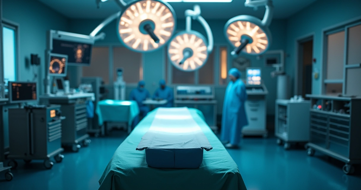 Sala cirúrgica com mesa de operação e equipamentos médicos 