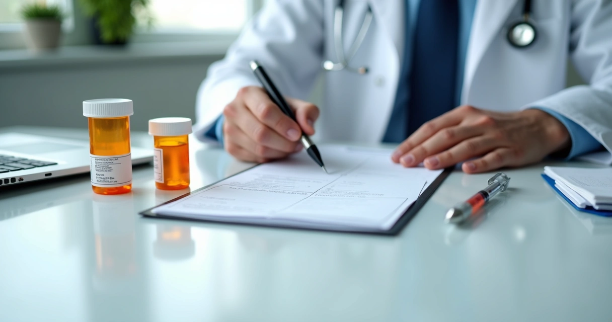 Frascos de medicamentos, seringa e caderno médico sobre uma mesa 