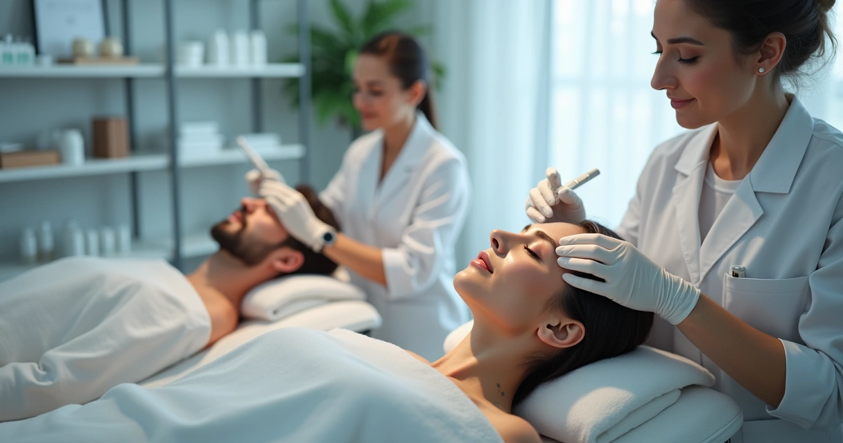 Homem e mulher recebendo procedimentos estéticos faciais em clínica dermatológica 