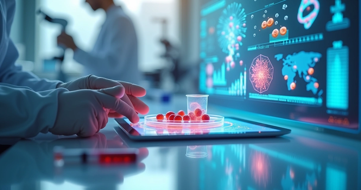 Composição visual de tratamentos hematológicos modernos com laboratório e tecnologia digital 