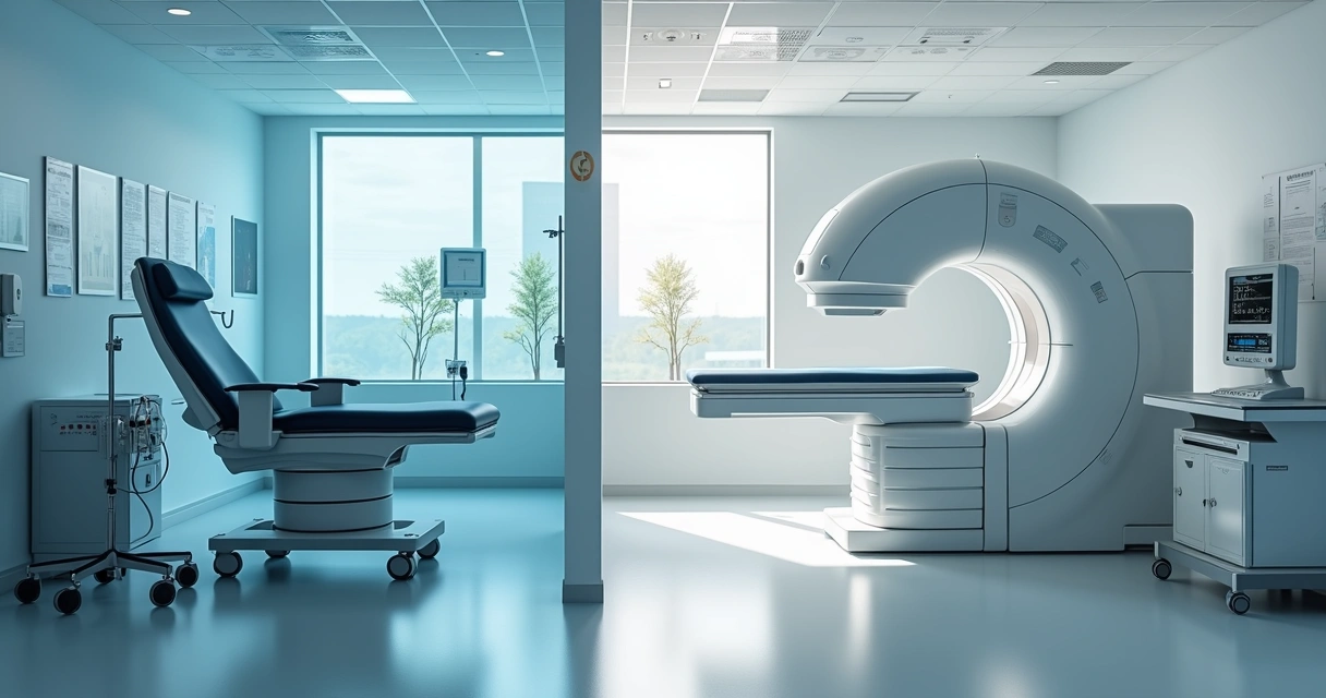 Equipamentos médicos de quimioterapia e radioterapia lado a lado em sala de hospital bem iluminada 