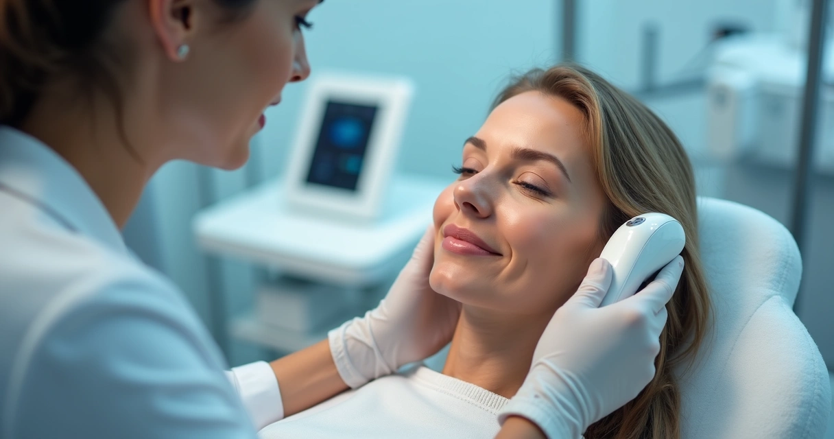 Médica utilizando equipamento de laser em paciente em ambiente clínico 