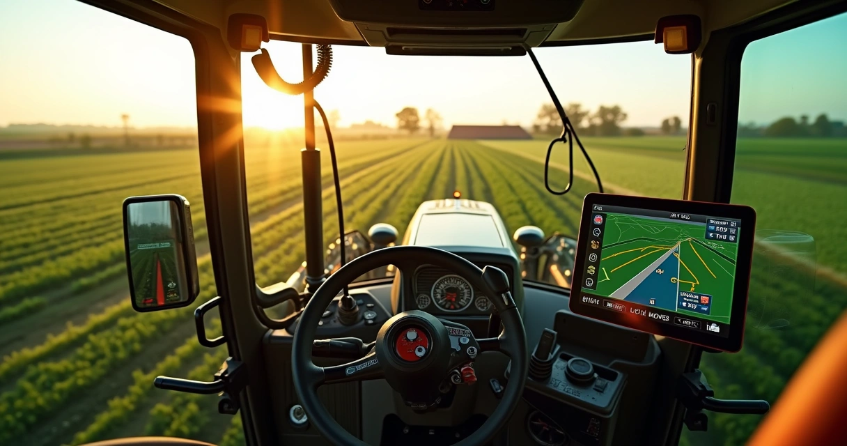 Trator moderno em lavoura usando monitor de direção automática Sveaverken F200 