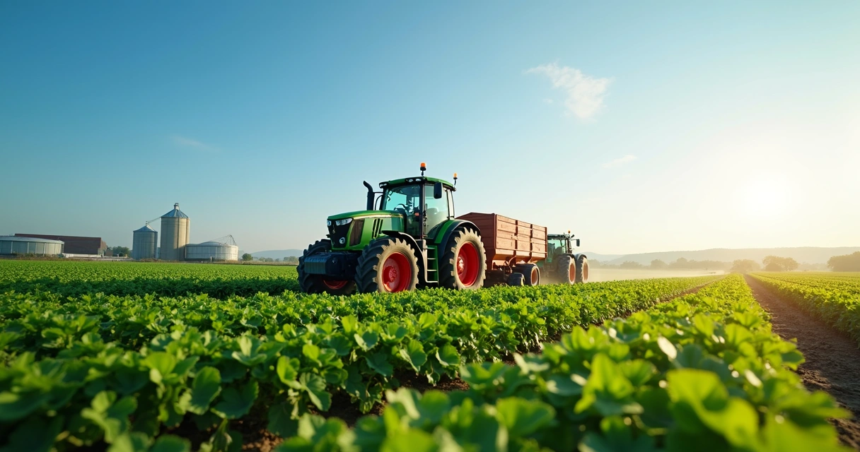 Trator agrícola trabalhando em campo com lavoura e céu azul ao fundo, simbolizando gestão de risco no agronegócio 