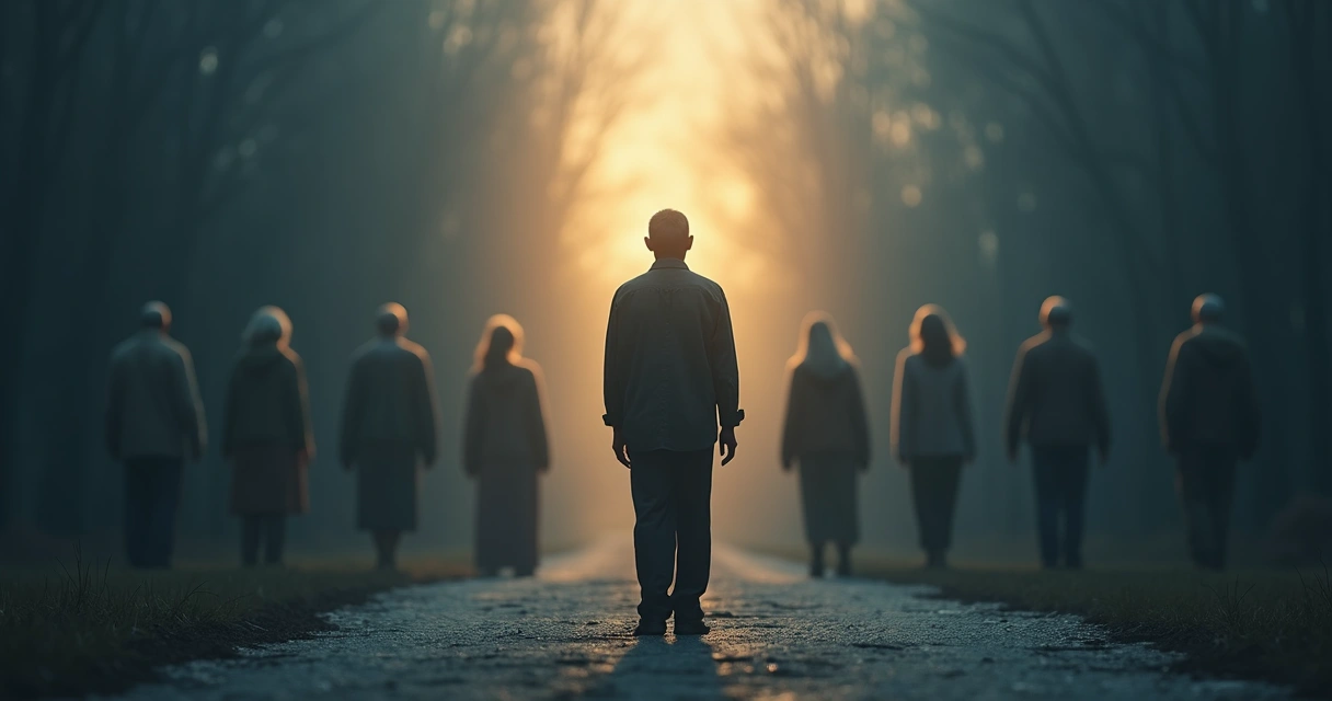 Persona adulta de pie frente a siluetas difuminadas de ancestros detrás 