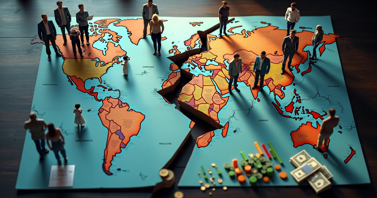 Mapa de un país dividido con una grieta que atraviesa personas y billetes 