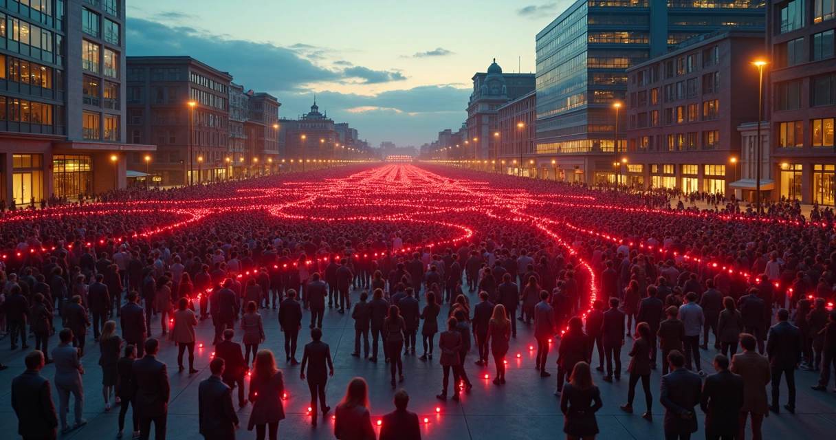 Multitud conectada por hilos rojos sobre una ciudad vista desde arriba 
