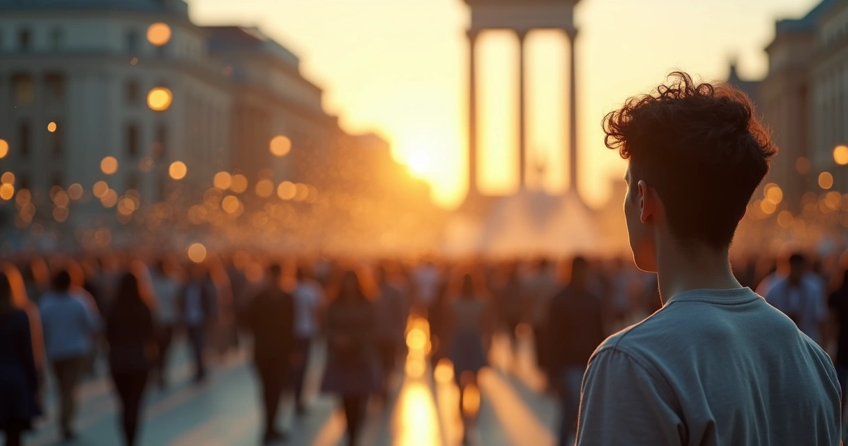 Pessoa em pé diante de multidão com fios de conexão entre eles 