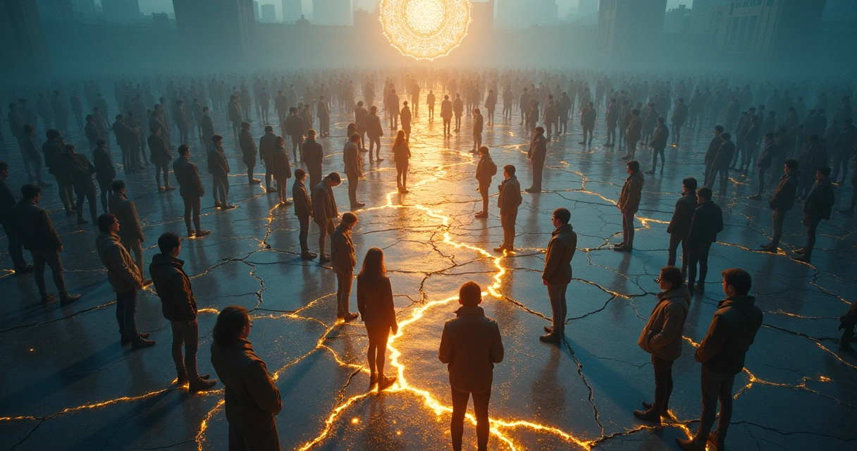 Multidão conectada por rachaduras luminosas simbolizando trauma coletivo e cura 