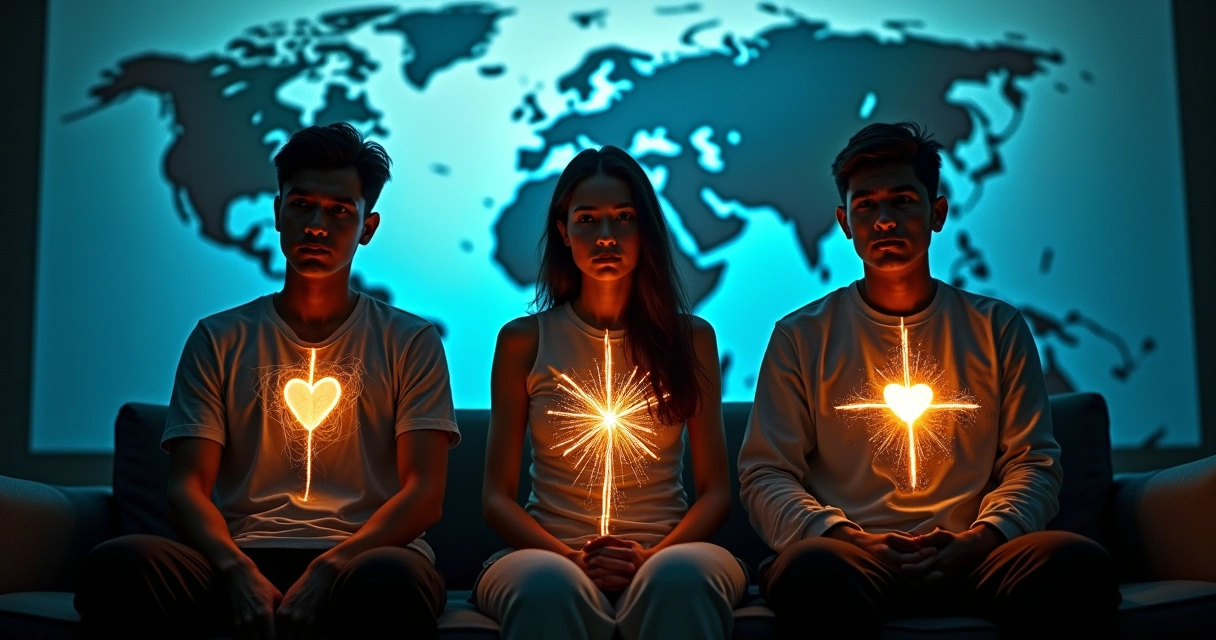 Três gerações de pessoas conectadas por uma linha de luz sobre mapa do mundo 