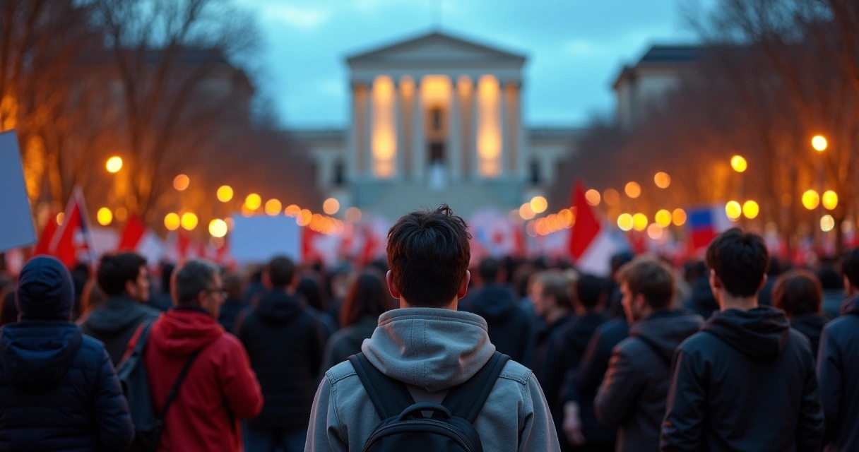 Multidão em protesto com bandeiras e sombras de cicatrizes sobrepostas 