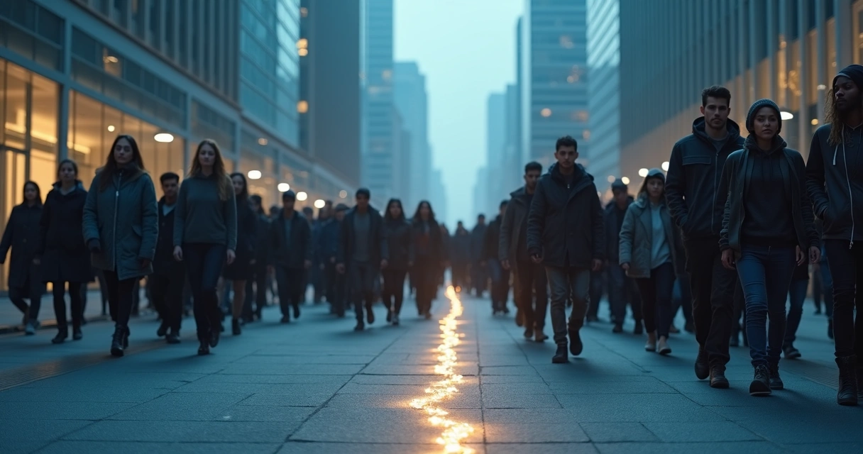 Multidão urbana com rachadura simbólica luminosa atravessando as pessoas 