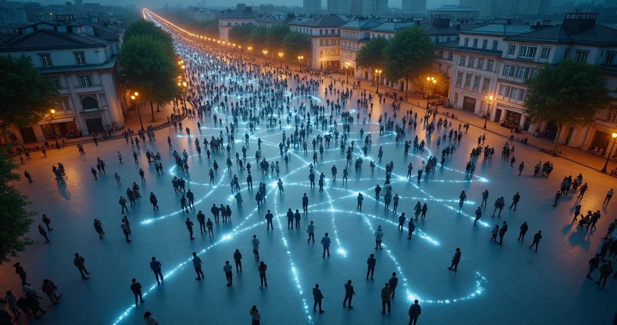 Multidão em praça vista de cima com linhas de conexão iluminadas entre as pessoas 