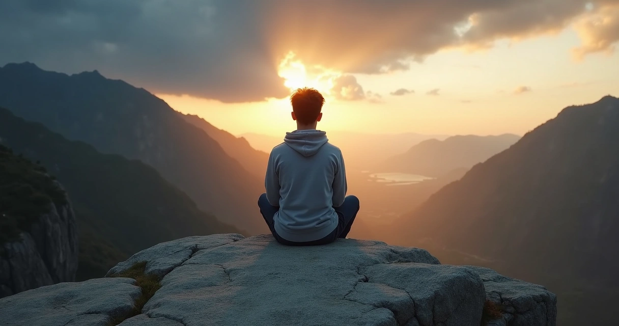 Pessoa refletindo diante de paisagem dividida entre escuridão e luz 