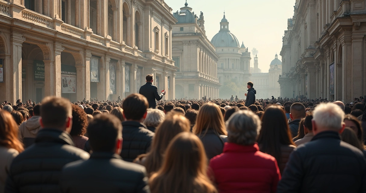 Reunião de pessoas de várias idades discutindo economia em local público