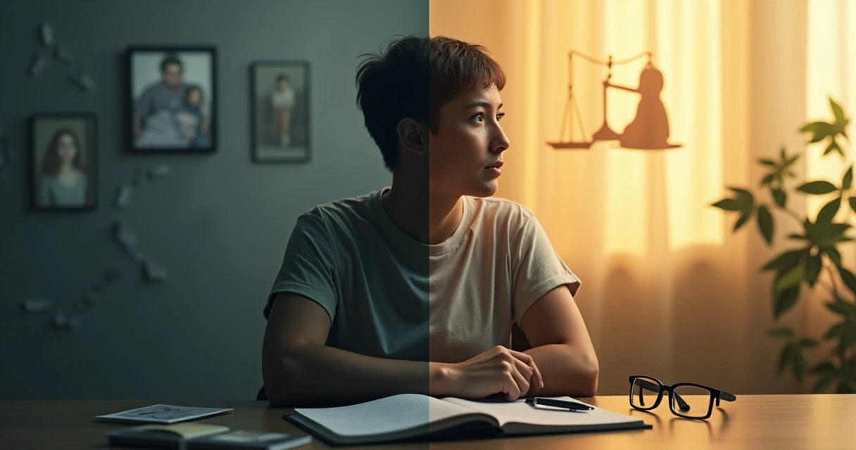 Pessoa refletindo com silhueta dividida entre passado sombrio e futuro ético luminoso 