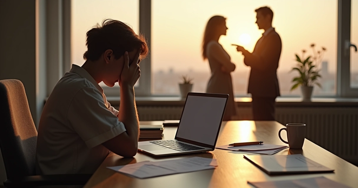 Adult reflecting on career path with family silhouettes in the background 
