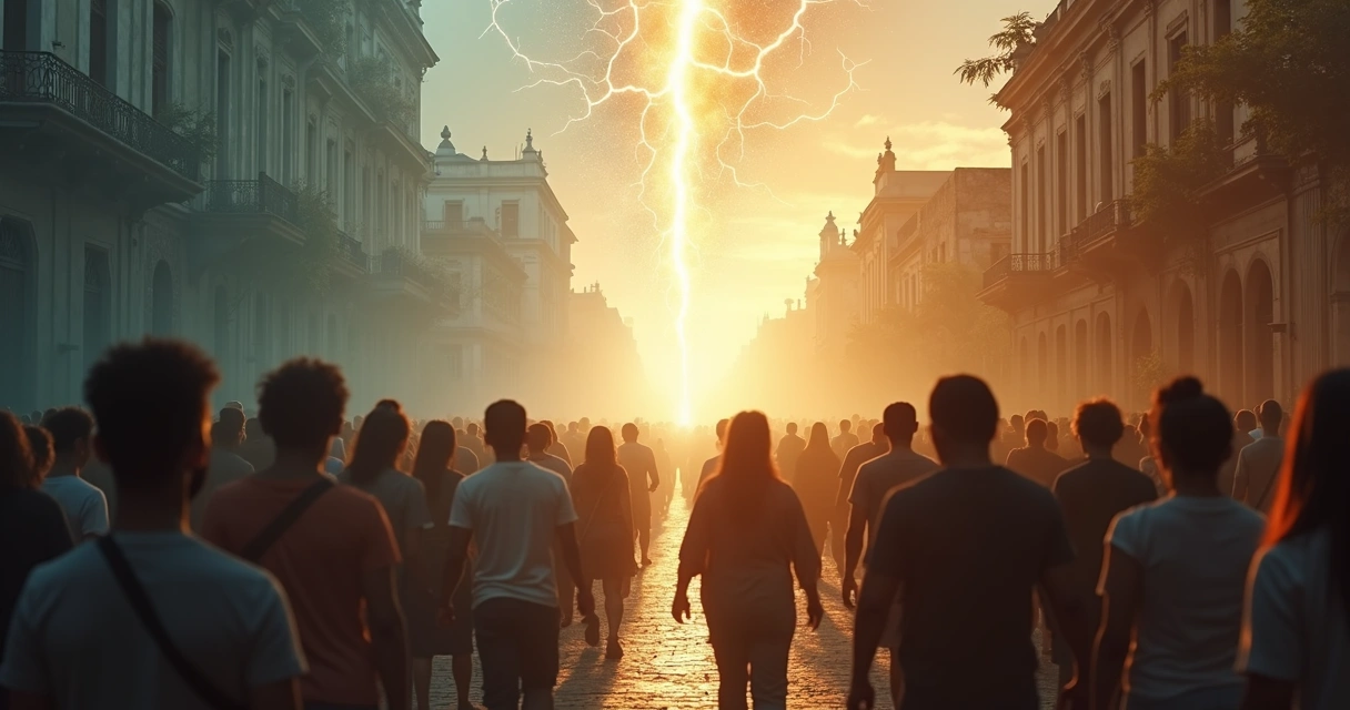 Multidão dividida por um rasgo luminoso ligando passado e presente 