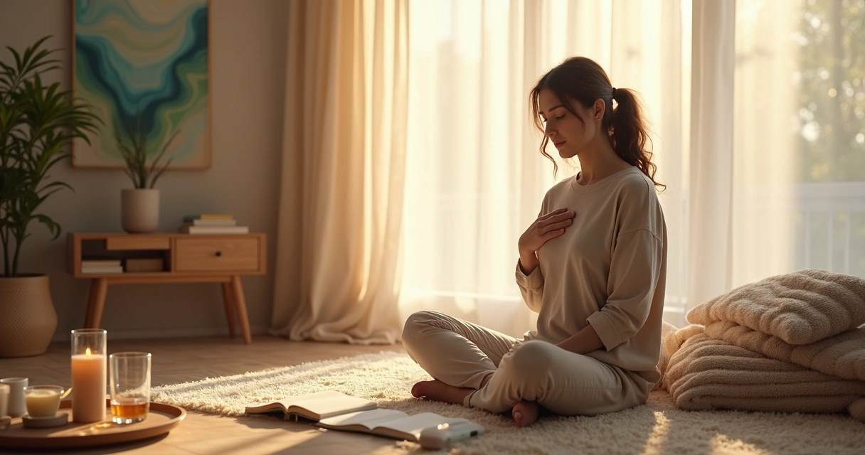 Person practicing mindful self-care surrounded by calming symbols of healing and safety 
