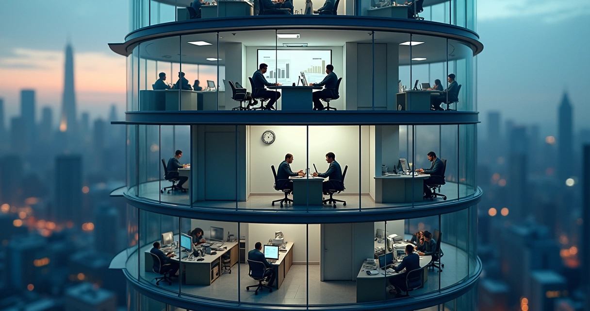 Salas corporativas sobrepostas mostrando ciclo silencioso de crise institucional 