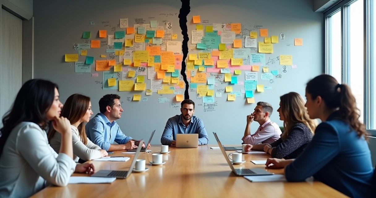 Equipe em reunião diante de parede rachada com mural colorido de ideias 