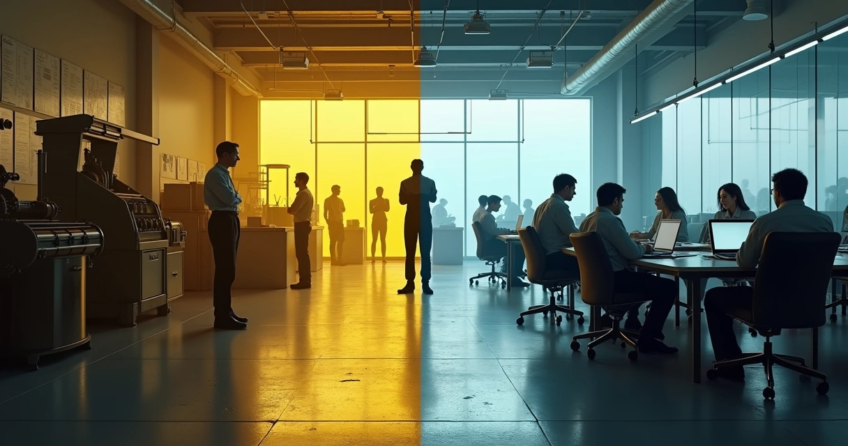 Linha de produção antiga e moderna conectadas por mesma sombra de líder autoritário 