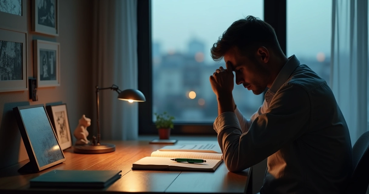 Pessoa refletindo entre memórias dolorosas do passado e uma escolha ética no presente 