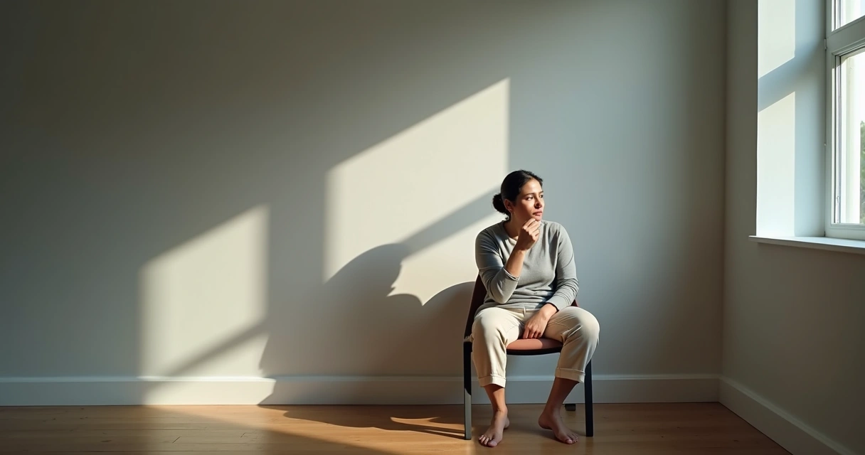 Pessoa refletindo sobre escolhas atuais com sombras do passado ao fundo 