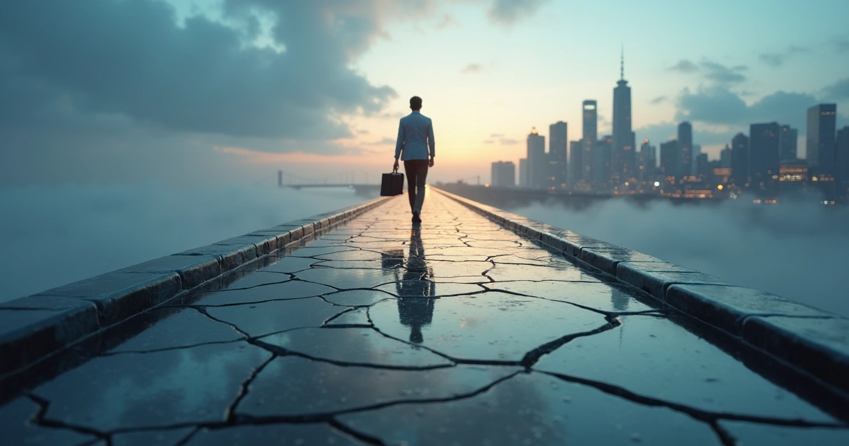 Professional crossing a broken glass bridge toward a brighter city skyline 