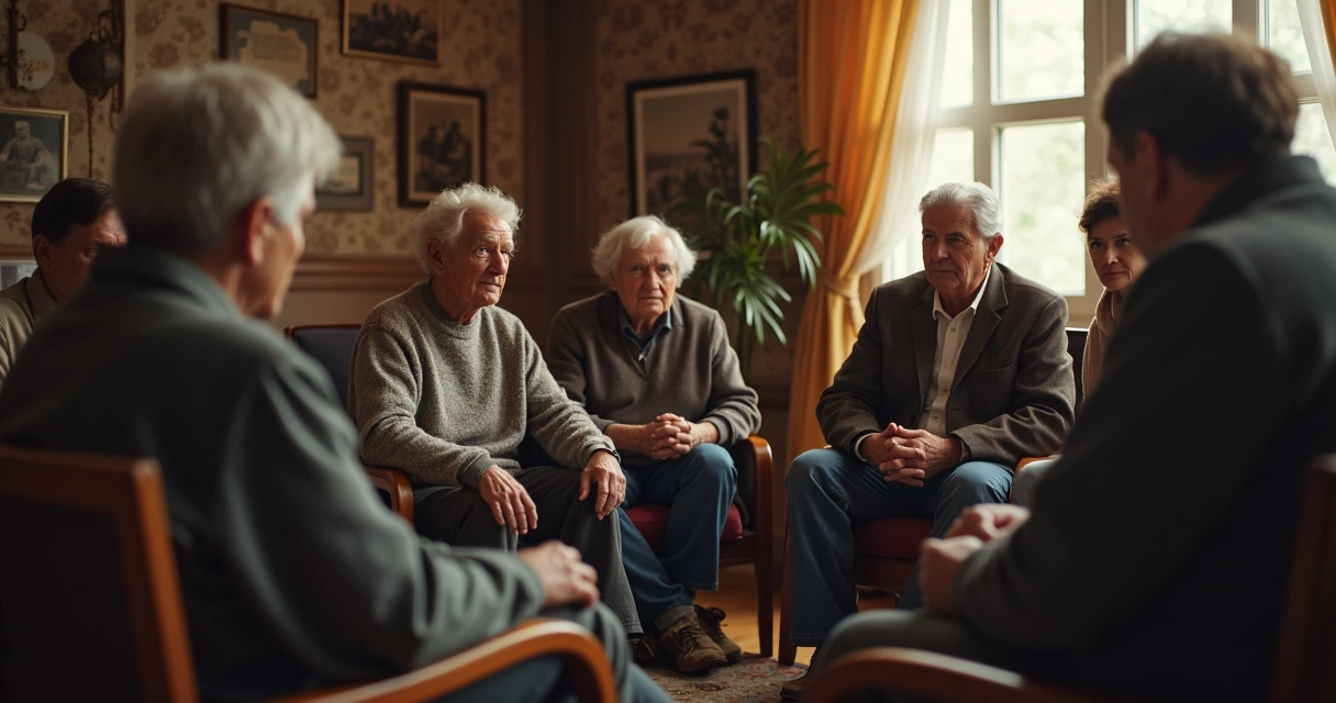 Grupo de pessoas sentadas em círculo, expressão séria, luz suave ao fundo 
