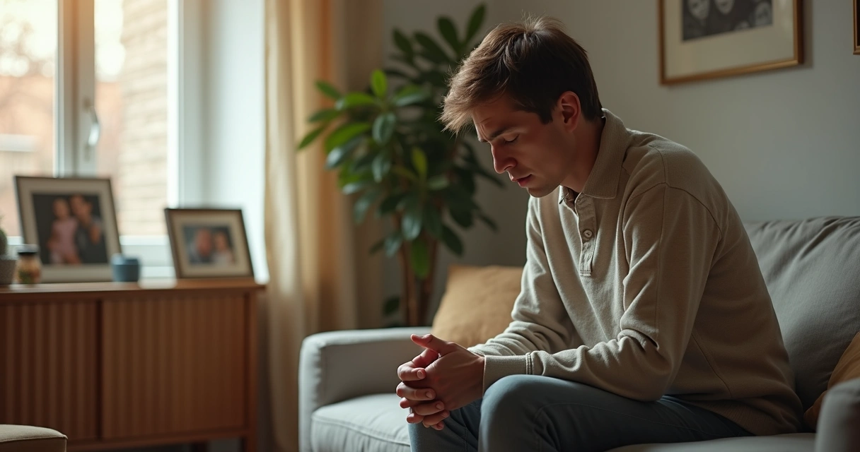 Adulto sentado refletindo com lembranças sutis da família ao fundo 