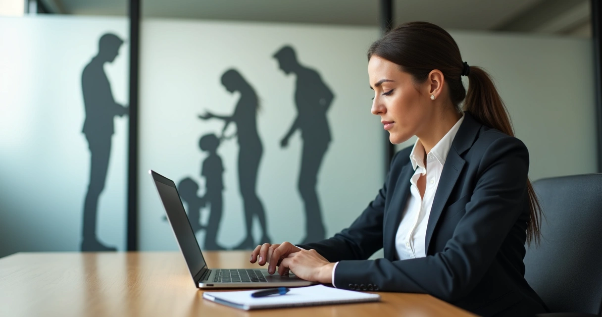 Mulher pensativa em um escritório com sombra de família em conflito ao fundo 