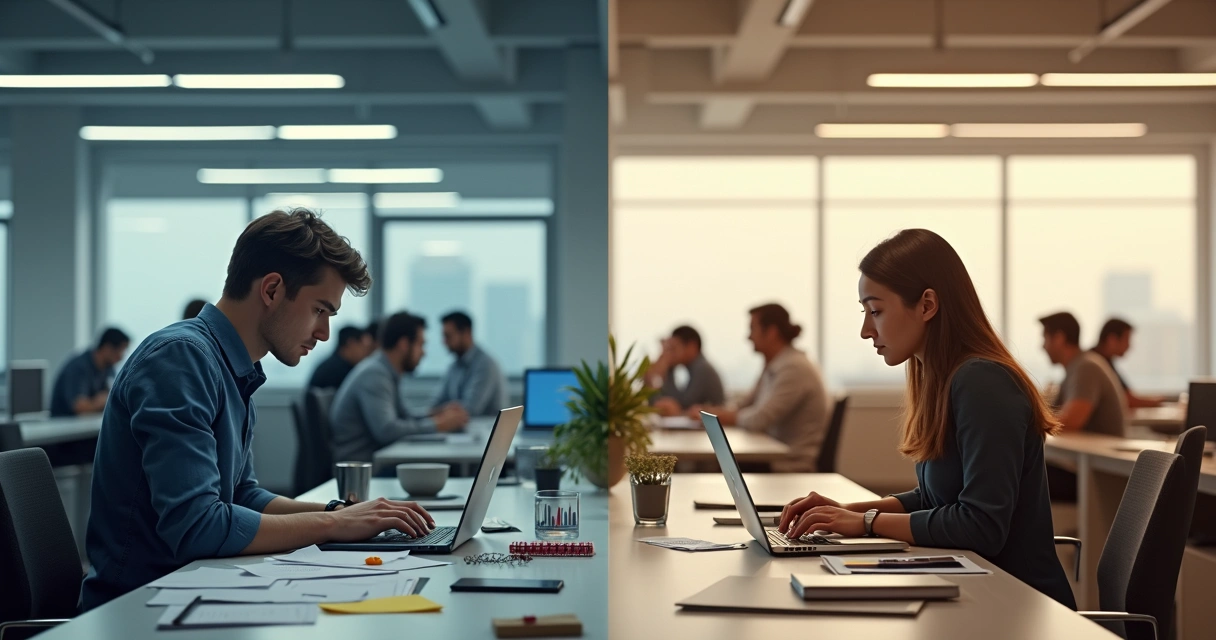 Profissional jovem em escritório dividido entre ambiente tóxico e ambiente saudável 