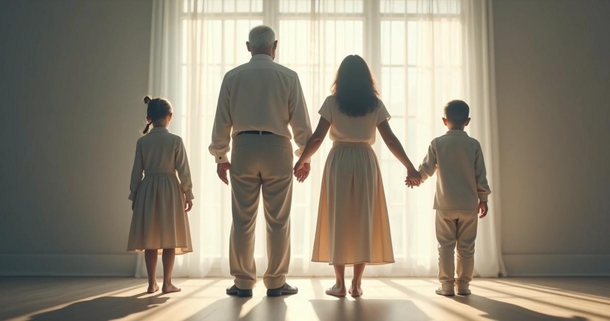 Três gerações de uma família com sombras conectando seus corpos 