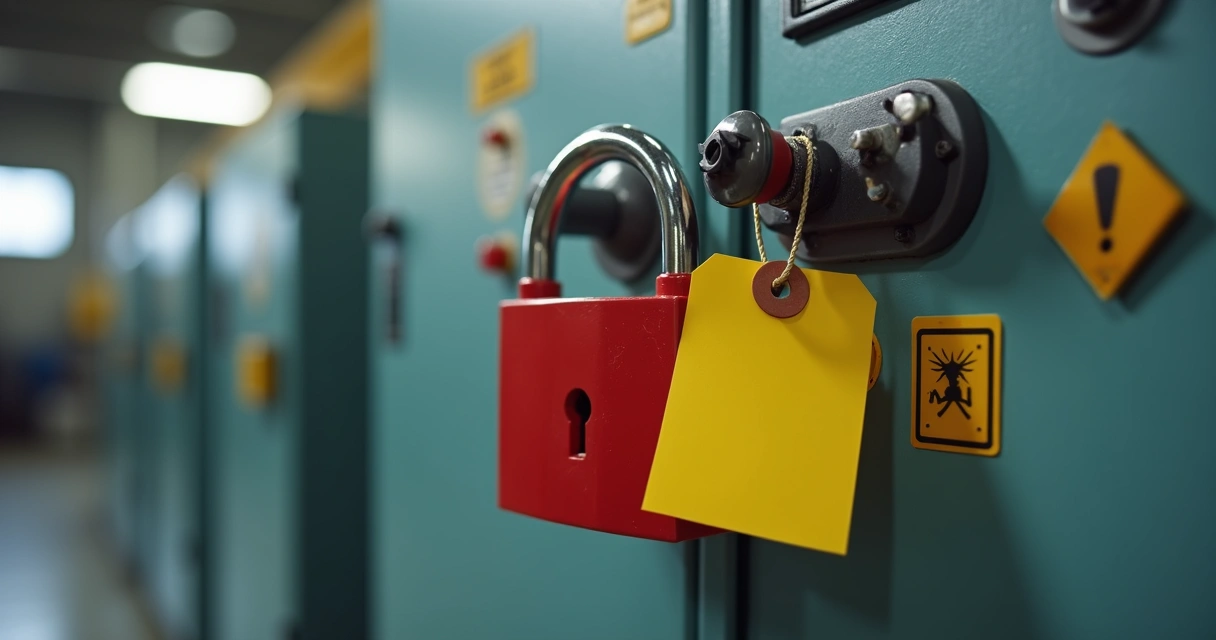 Dispositivo lockout instalado em máquina industrial impedindo acionamento acidental 