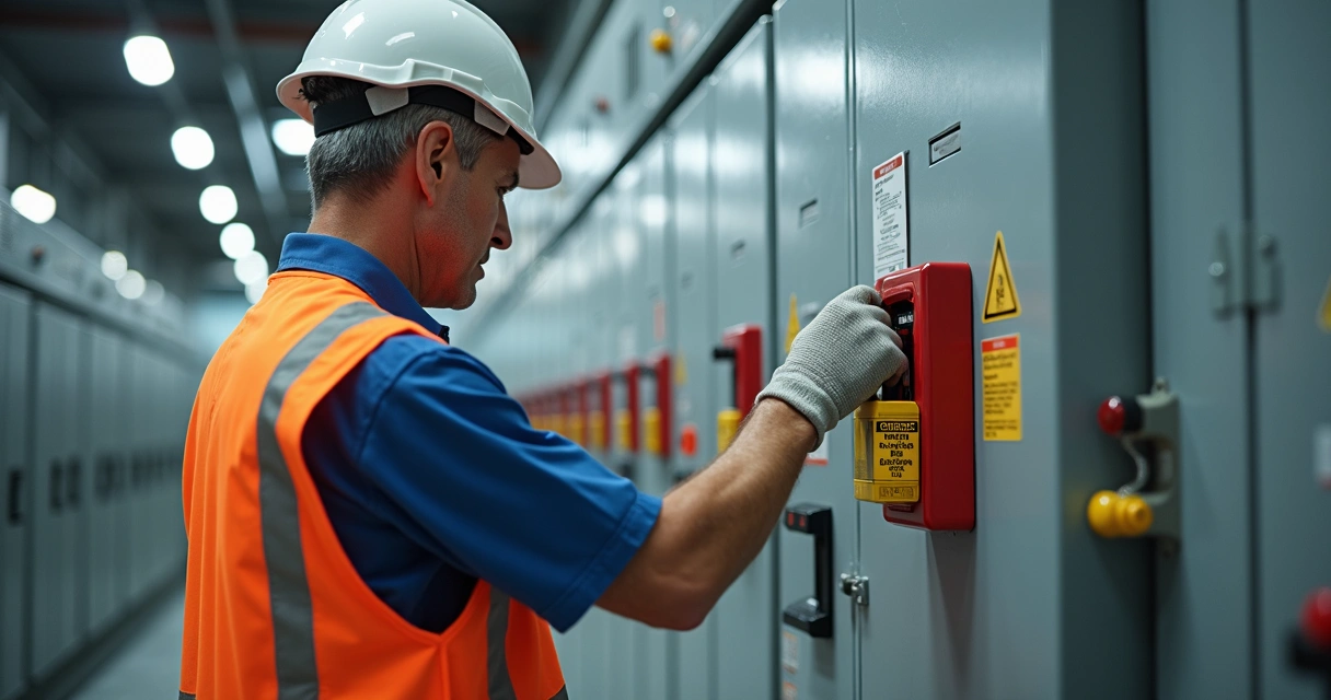 Técnico usando trava de segurança em seccionadora de painel elétrico industrial 