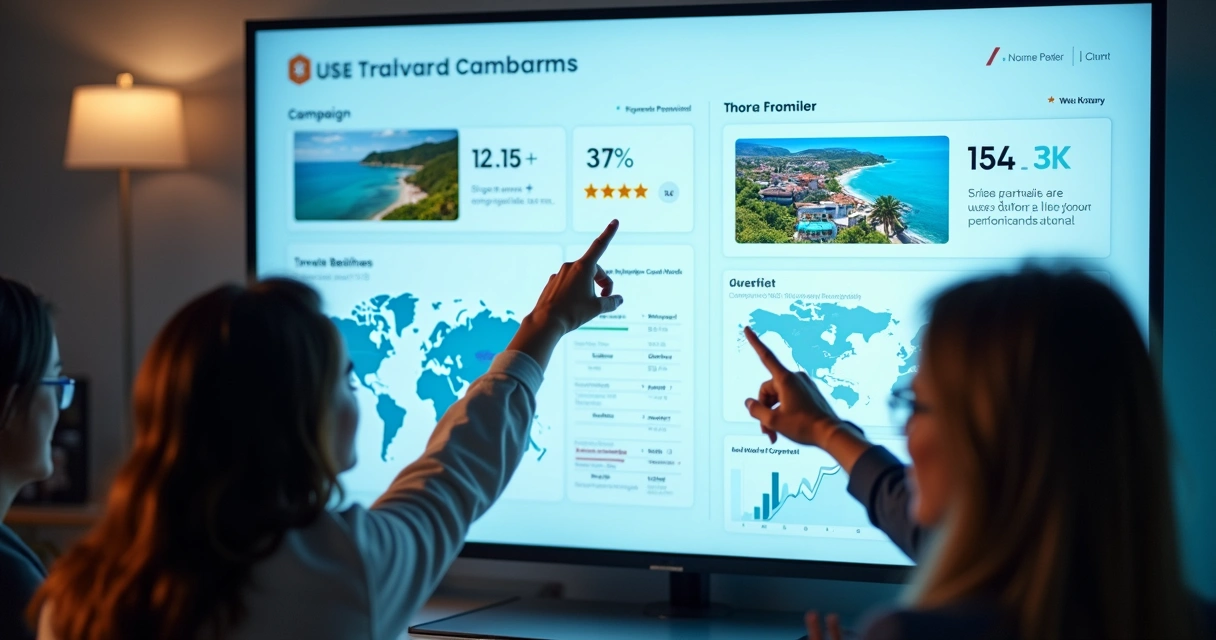 Travel agency dashboard showing ad campaign metrics and map 