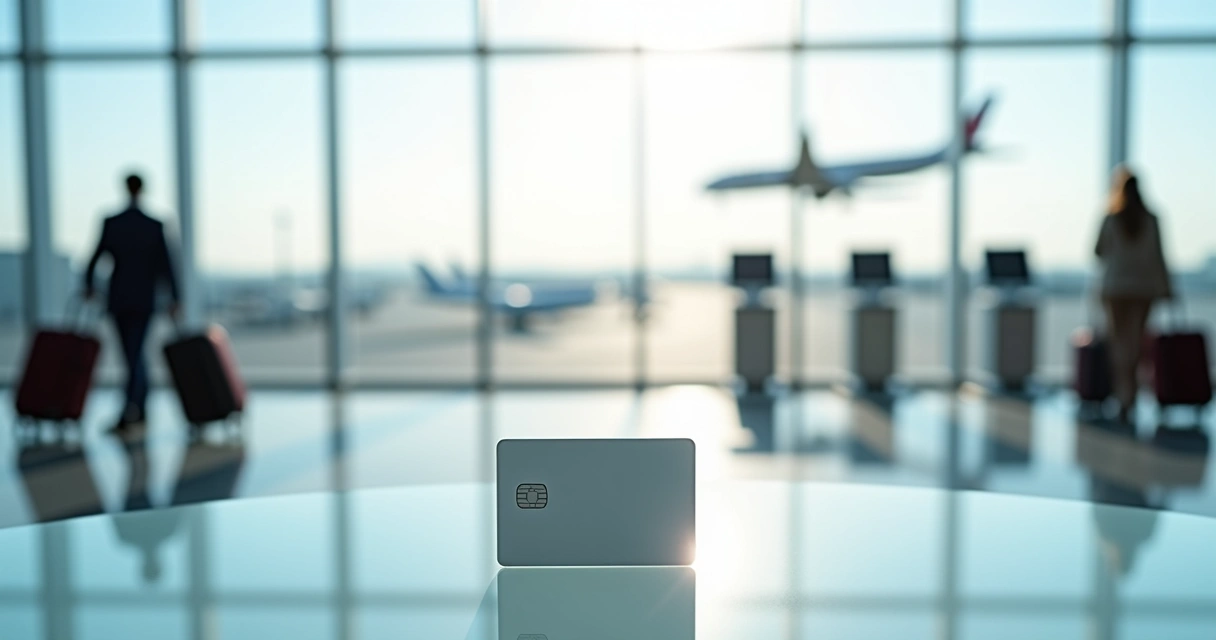 Travel credit card rewards with airport in background