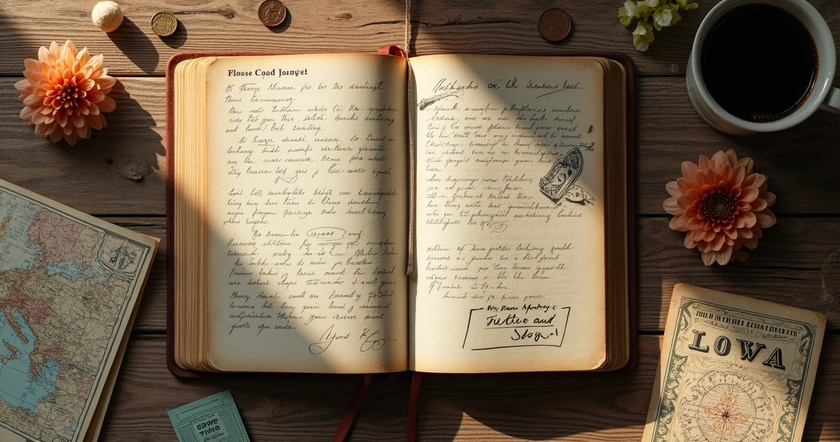 Old travel journal and souvenirs on wooden table 
