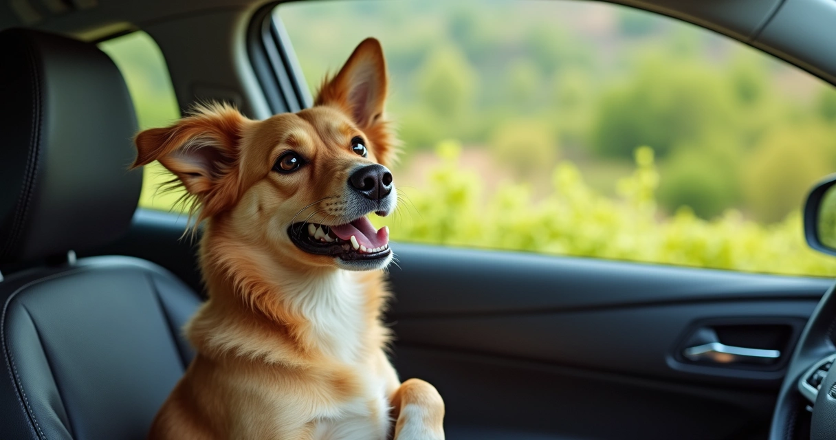 A dog looking out car window with landscape passing by