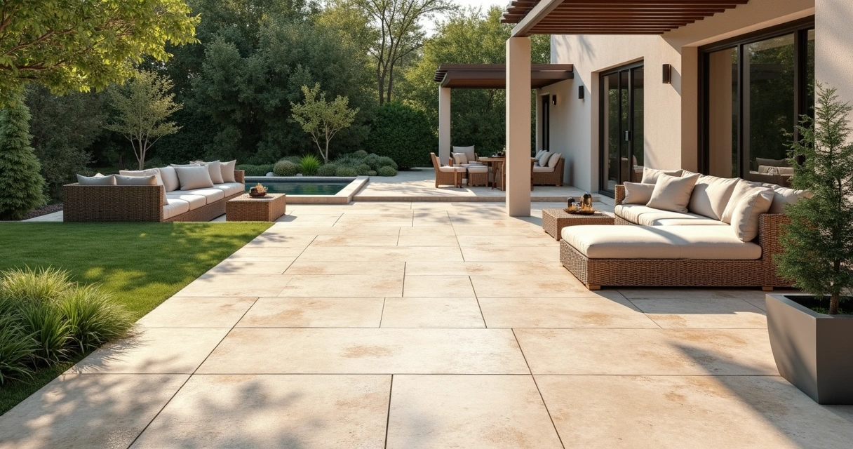 Travertine stone patio with cozy seating area 